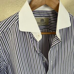 Blue + Purple + White Contrast Collar Striped Shirt / Size 38-40/ 15.5 neck